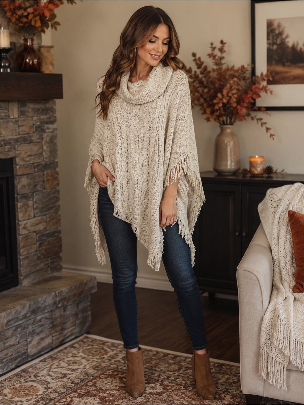 Free People Cozy Cable-Knit Cowl Neck Poncho Sweater - Cream